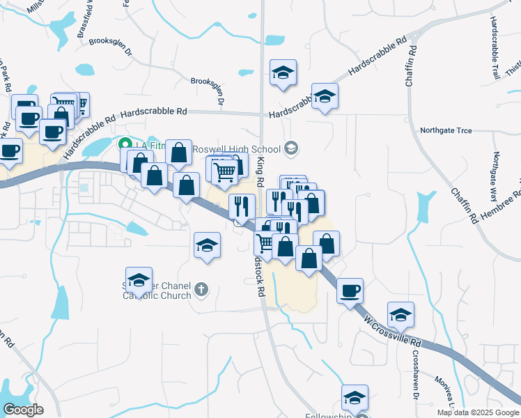map of restaurants, bars, coffee shops, grocery stores, and more near 11426 King Road in Roswell