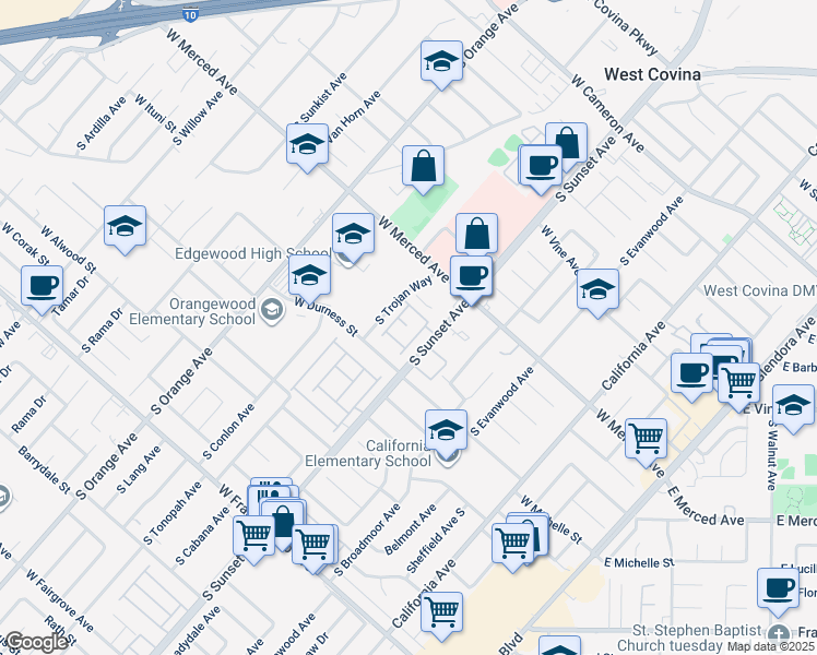 map of restaurants, bars, coffee shops, grocery stores, and more near 1301 Aphrodite in West Covina