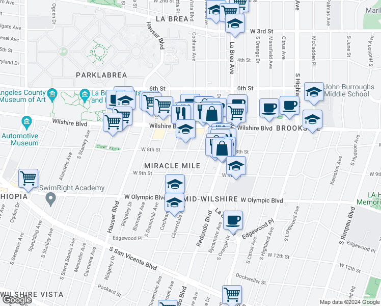 map of restaurants, bars, coffee shops, grocery stores, and more near 802 Cochran Avenue in Los Angeles