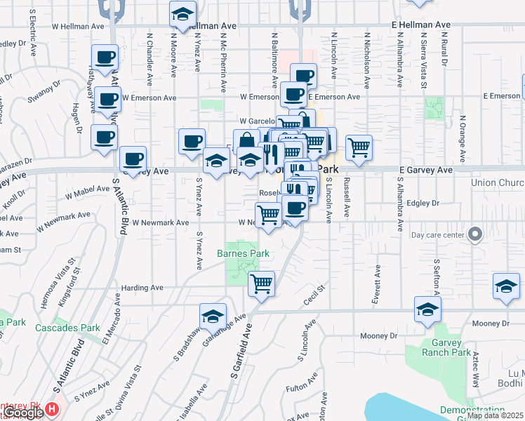 map of restaurants, bars, coffee shops, grocery stores, and more near 224 South Ramona Avenue in Monterey Park