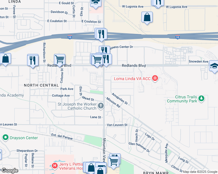 map of restaurants, bars, coffee shops, grocery stores, and more near 10636 Amapolas Street in Redlands