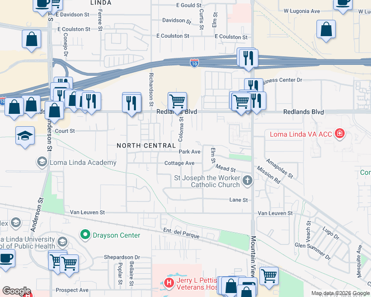 map of restaurants, bars, coffee shops, grocery stores, and more near 25450 Park Avenue in Loma Linda