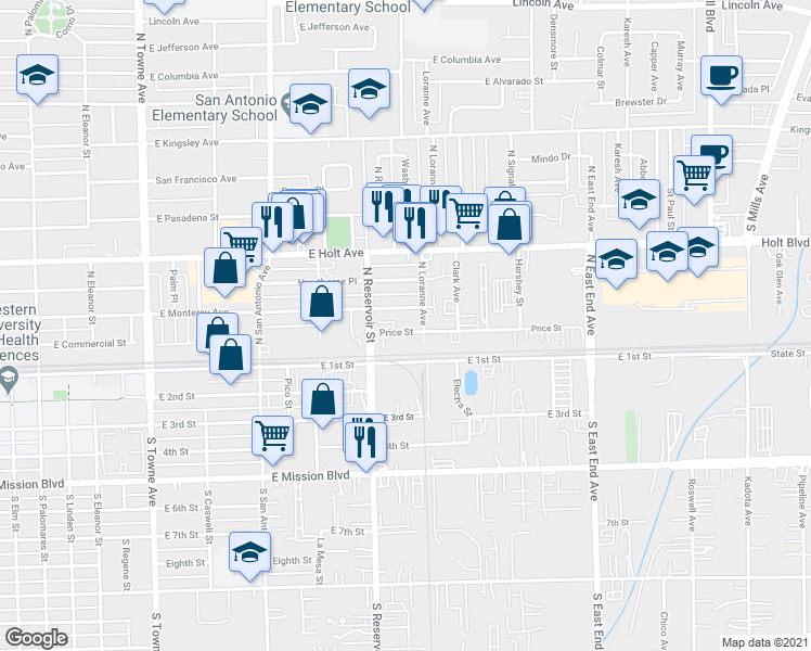 map of restaurants, bars, coffee shops, grocery stores, and more near 927 Price Street in Pomona