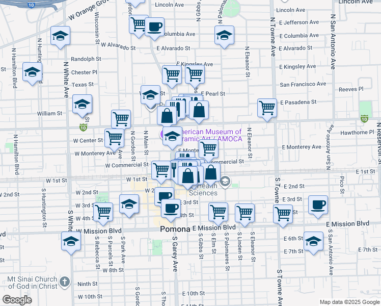map of restaurants, bars, coffee shops, grocery stores, and more near 187 East Monterey Avenue in Pomona
