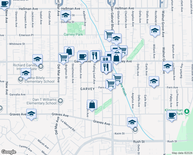 map of restaurants, bars, coffee shops, grocery stores, and more near 2654 Falling Leaf Avenue in Rosemead