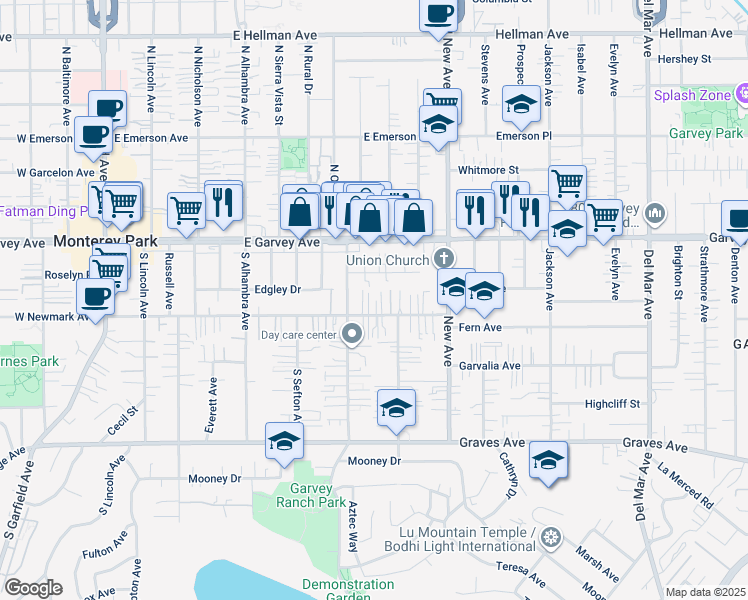 map of restaurants, bars, coffee shops, grocery stores, and more near 715 East Newmark Avenue in Monterey Park