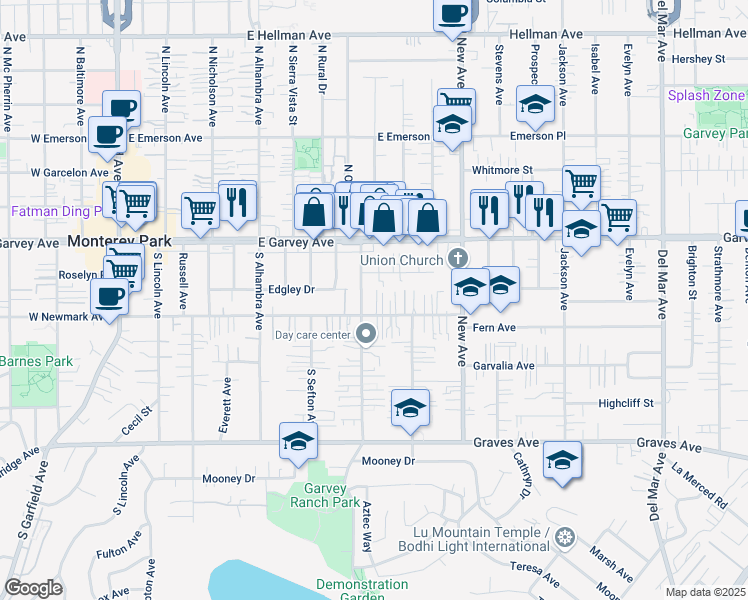 map of restaurants, bars, coffee shops, grocery stores, and more near 715 East Newmark Avenue in Monterey Park