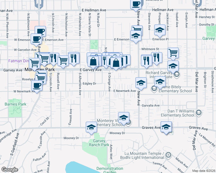 map of restaurants, bars, coffee shops, grocery stores, and more near 611 East Newmark Avenue in Monterey Park
