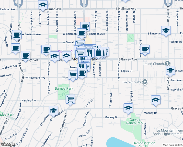 map of restaurants, bars, coffee shops, grocery stores, and more near 221 North Lincoln Avenue in Monterey Park