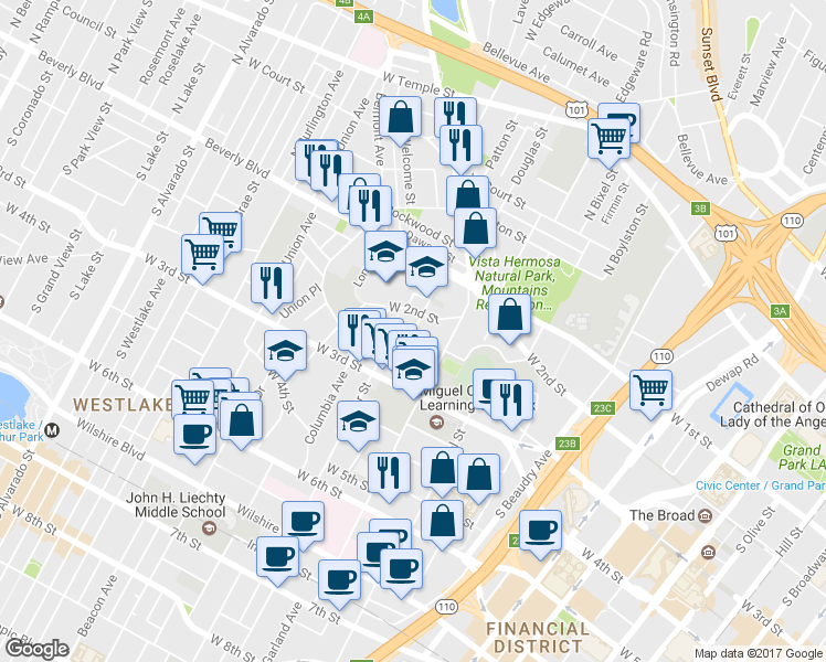 map of restaurants, bars, coffee shops, grocery stores, and more near 208 Witmer Street in Los Angeles