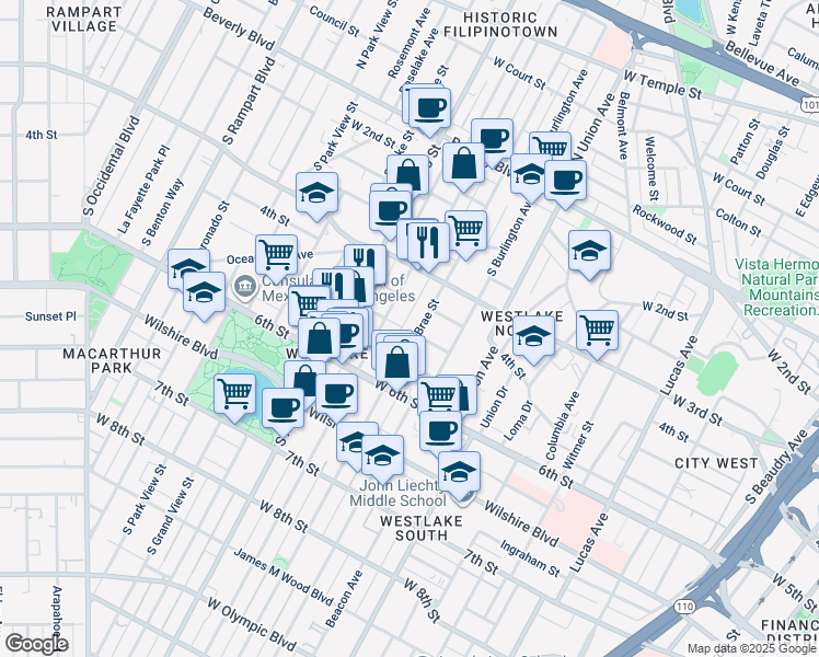 map of restaurants, bars, coffee shops, grocery stores, and more near 372 South Westlake Avenue in Los Angeles