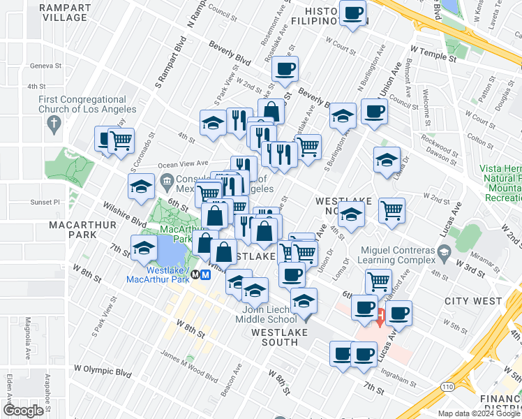 map of restaurants, bars, coffee shops, grocery stores, and more near 372 South Westlake Avenue in Los Angeles