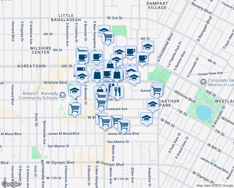 map of restaurants, bars, coffee shops, grocery stores, and more near 682 Shatto Place in Los Angeles