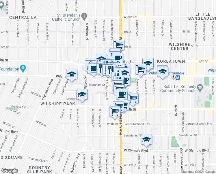 map of restaurants, bars, coffee shops, grocery stores, and more near 2 South Saint Andrews Place in Los Angeles