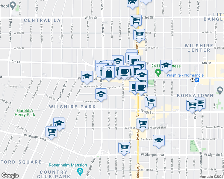 map of restaurants, bars, coffee shops, grocery stores, and more near 3940 Ingraham Street in Los Angeles