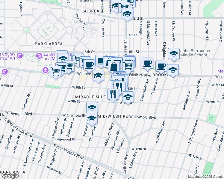 map of restaurants, bars, coffee shops, grocery stores, and more near 5314 West 8th Street in Los Angeles