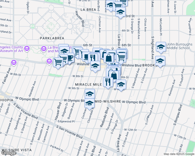 map of restaurants, bars, coffee shops, grocery stores, and more near 803 South Cloverdale Avenue in Los Angeles