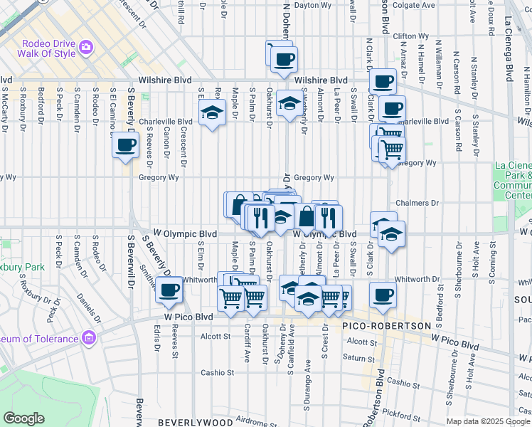 map of restaurants, bars, coffee shops, grocery stores, and more near 344 South Oakhurst Drive in Beverly Hills