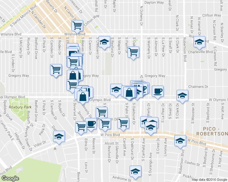 map of restaurants, bars, coffee shops, grocery stores, and more near 344 South Rexford Drive in Beverly Hills