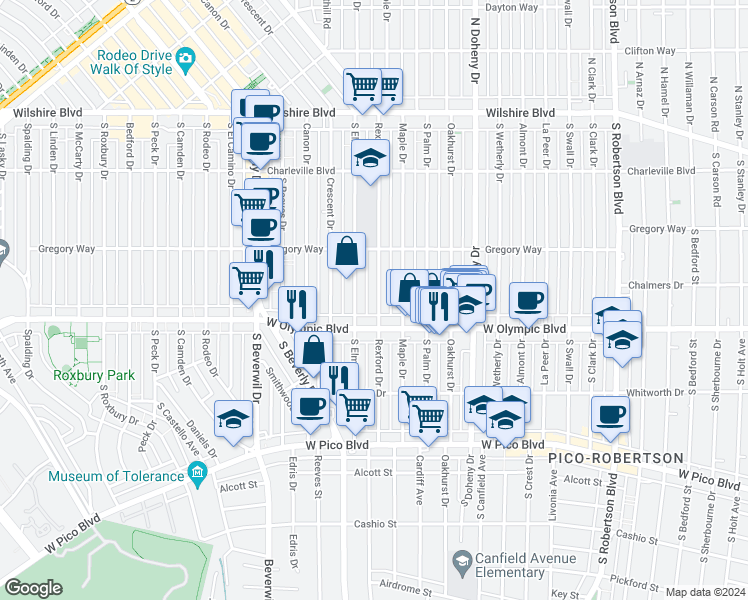 map of restaurants, bars, coffee shops, grocery stores, and more near 344 South Rexford Drive in Beverly Hills