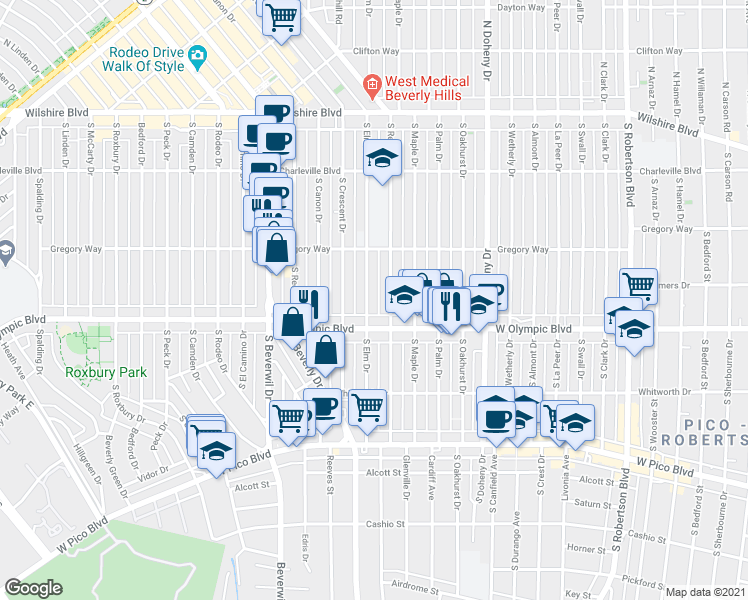 map of restaurants, bars, coffee shops, grocery stores, and more near 345 South Elm Drive in Beverly Hills