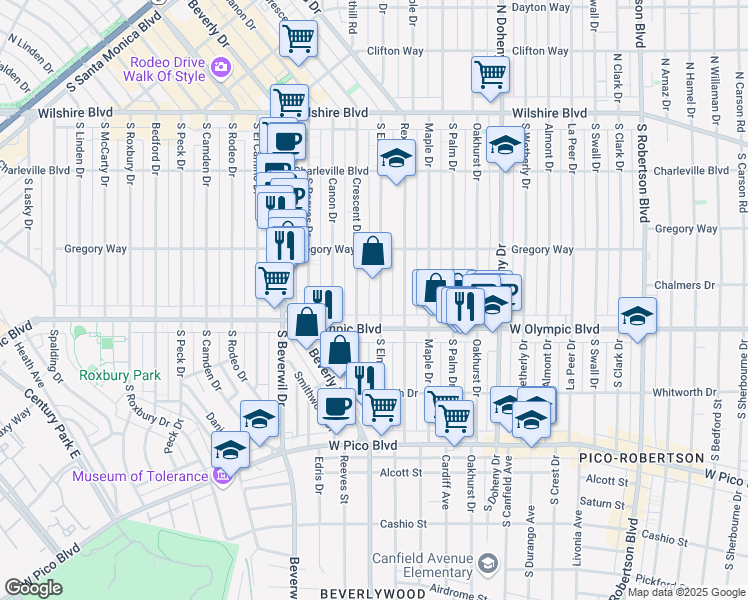 map of restaurants, bars, coffee shops, grocery stores, and more near 345 South Elm Drive in Beverly Hills