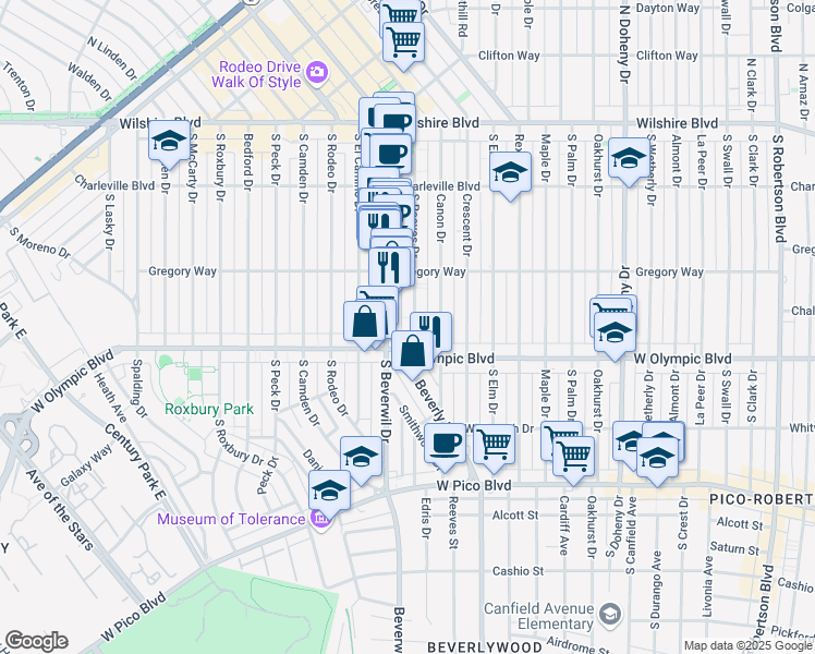 map of restaurants, bars, coffee shops, grocery stores, and more near 346 South Reeves Drive in Beverly Hills