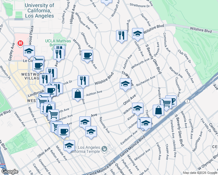 map of restaurants, bars, coffee shops, grocery stores, and more near 10619 Ashton Avenue in Los Angeles