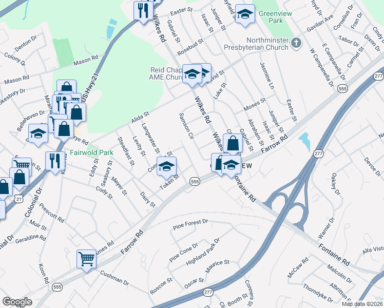 map of restaurants, bars, coffee shops, grocery stores, and more near 41 Samson Circle in Columbia