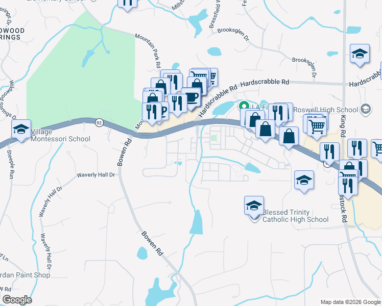 map of restaurants, bars, coffee shops, grocery stores, and more near 6002 Arbor Crest Court in Roswell