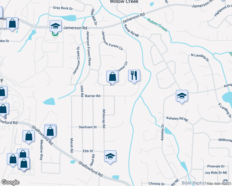 map of restaurants, bars, coffee shops, grocery stores, and more near 1515 Barrier Road in Marietta