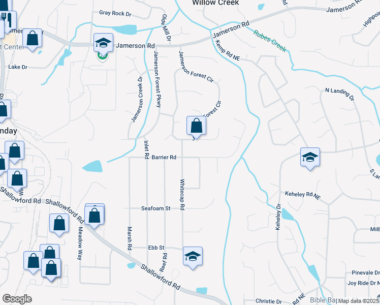map of restaurants, bars, coffee shops, grocery stores, and more near 1485 Barrier Road in Marietta