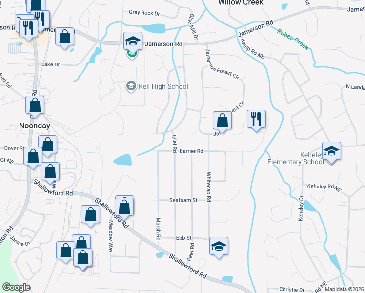 map of restaurants, bars, coffee shops, grocery stores, and more near 1405 Barrier Road in Marietta