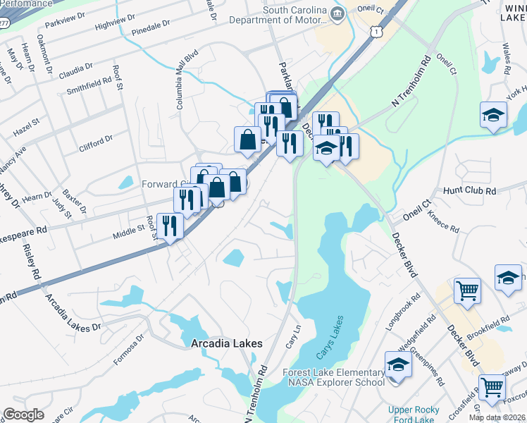 map of restaurants, bars, coffee shops, grocery stores, and more near 6837 North Trenholm Road in Columbia