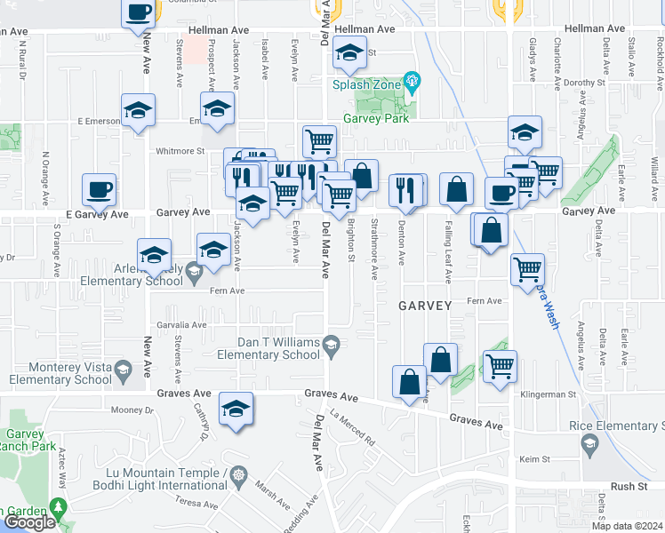 map of restaurants, bars, coffee shops, grocery stores, and more near 2634 Del Mar Avenue in Rosemead