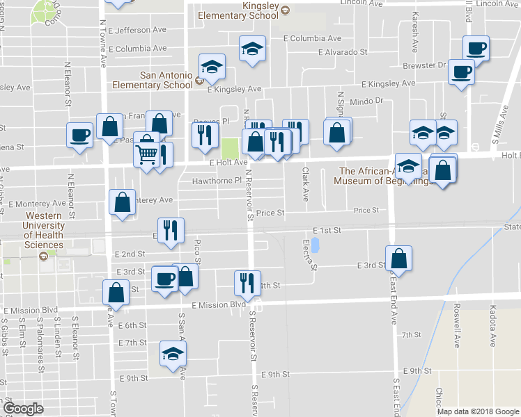map of restaurants, bars, coffee shops, grocery stores, and more near 927 Price Street in Pomona