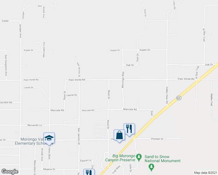 map of restaurants, bars, coffee shops, grocery stores, and more near Palo Verde Road in Morongo Valley