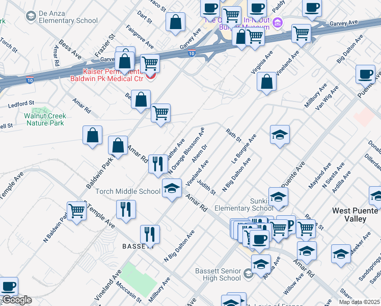 map of restaurants, bars, coffee shops, grocery stores, and more near 924 North Orange Blossom Avenue in West Puente Valley