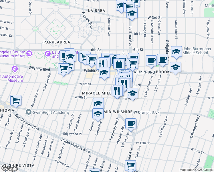 map of restaurants, bars, coffee shops, grocery stores, and more near 802 Cochran Avenue in Los Angeles