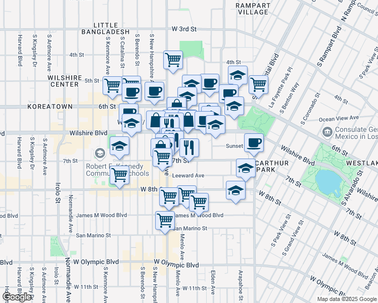 map of restaurants, bars, coffee shops, grocery stores, and more near 688 Shatto Place in Los Angeles