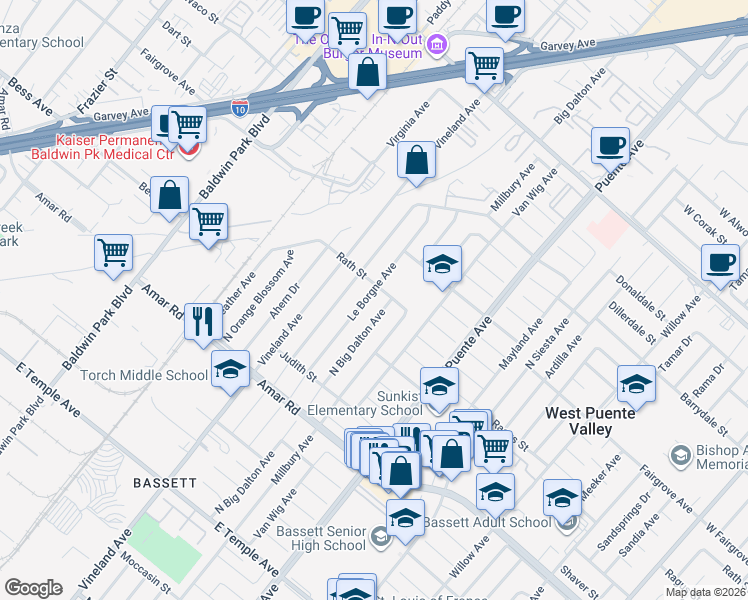map of restaurants, bars, coffee shops, grocery stores, and more near 1048 Le Borgne Avenue in La Puente