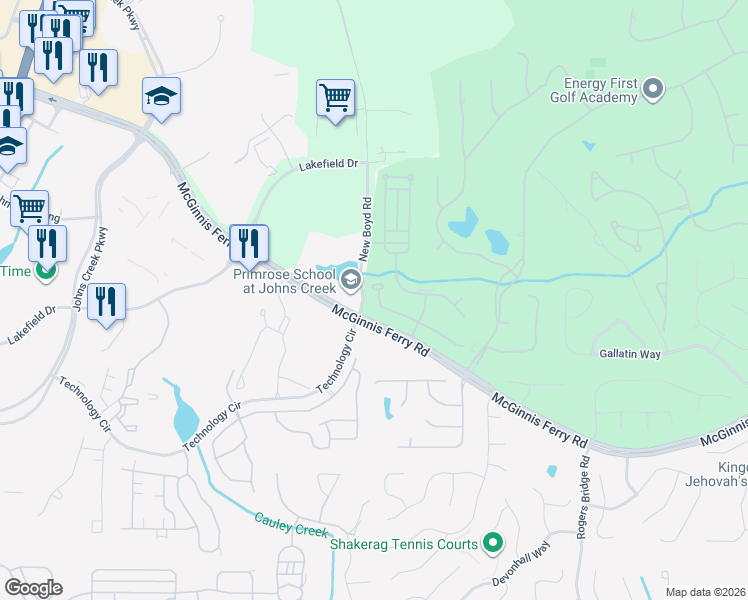 map of restaurants, bars, coffee shops, grocery stores, and more near 7428 Portbury Park Lane in Suwanee