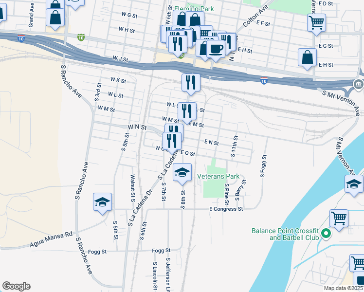 map of restaurants, bars, coffee shops, grocery stores, and more near 494 South La Cadena Drive in Colton