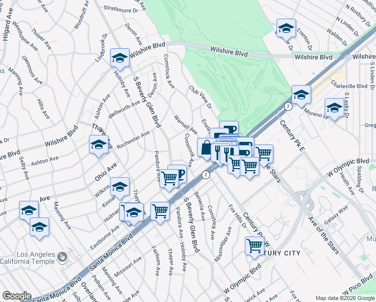 map of restaurants, bars, coffee shops, grocery stores, and more near 1657 Comstock Avenue in Los Angeles