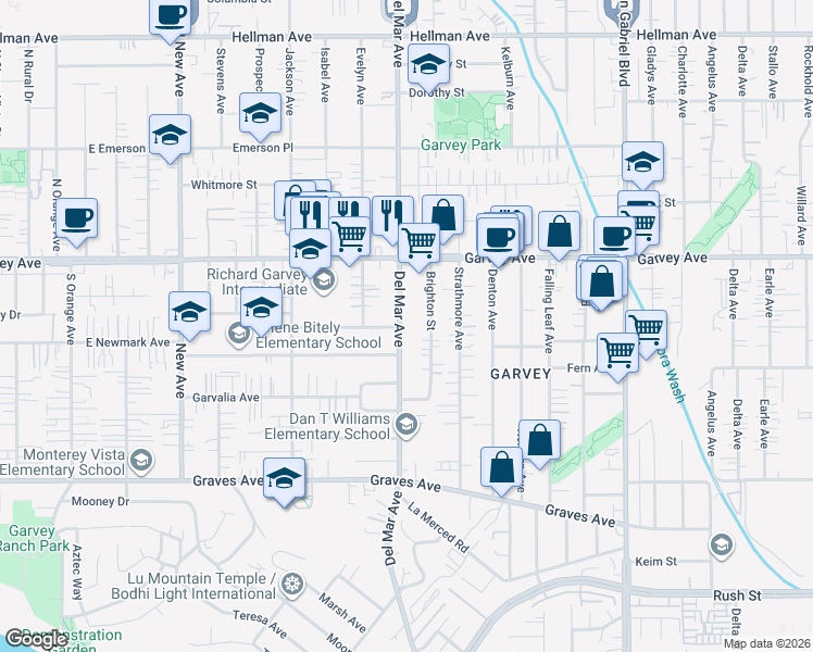 map of restaurants, bars, coffee shops, grocery stores, and more near 2636 Del Mar Avenue in Rosemead