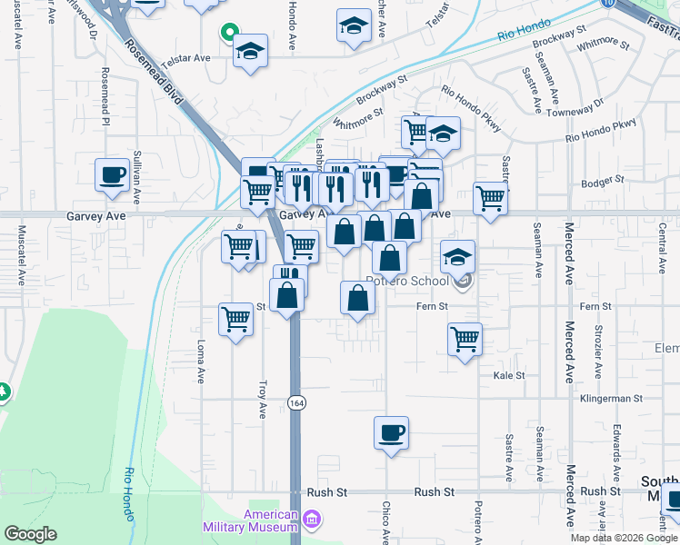 map of restaurants, bars, coffee shops, grocery stores, and more near 40 Marybeth Avenue in South El Monte