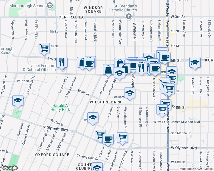 map of restaurants, bars, coffee shops, grocery stores, and more near 690 South Bronson Avenue in Los Angeles