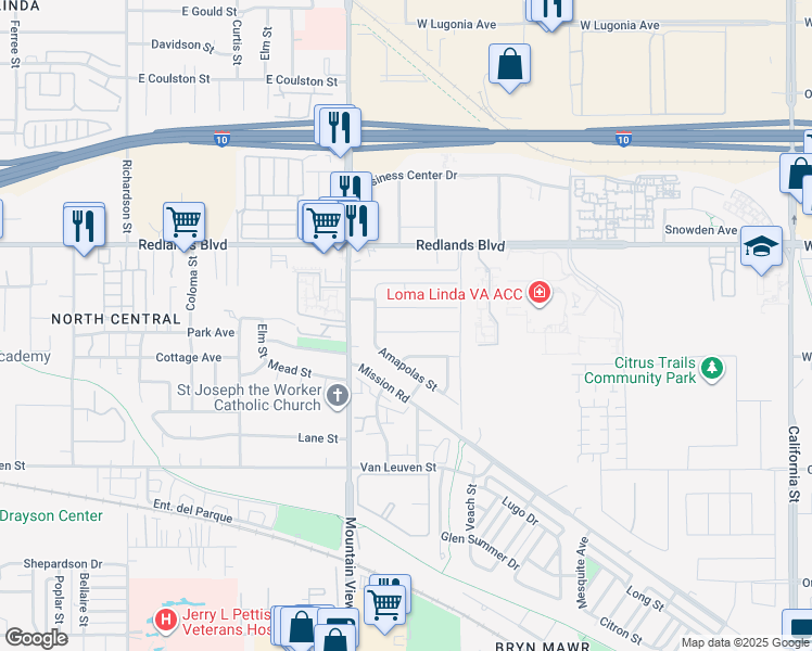 map of restaurants, bars, coffee shops, grocery stores, and more near 25806 Lomas Verdes Street in Redlands
