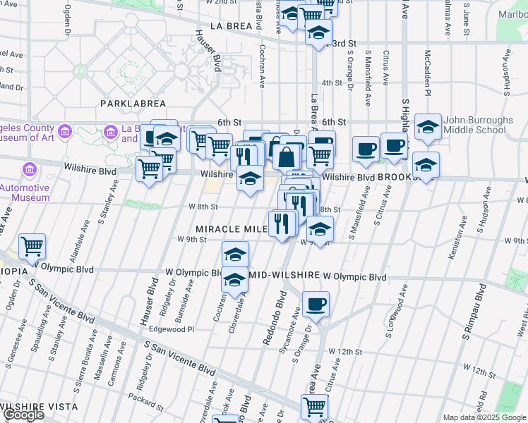 map of restaurants, bars, coffee shops, grocery stores, and more near 803 South Cloverdale Avenue in Los Angeles