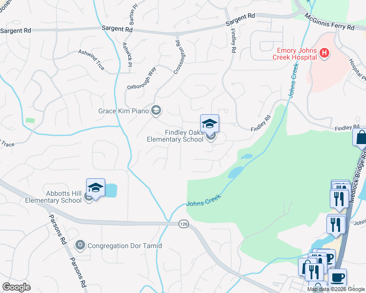 map of restaurants, bars, coffee shops, grocery stores, and more near 540 Arncliffe Court in Alpharetta